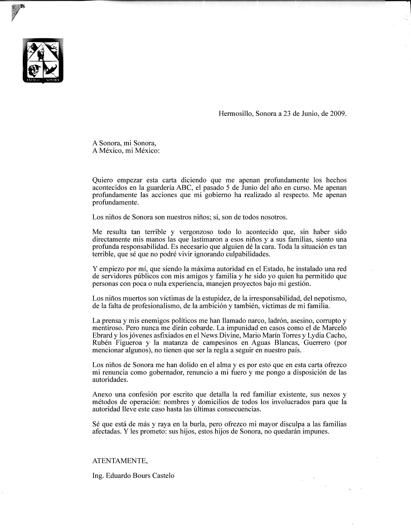 Carta de renuncia de Eduardo Bours al gobierno de Sonora 